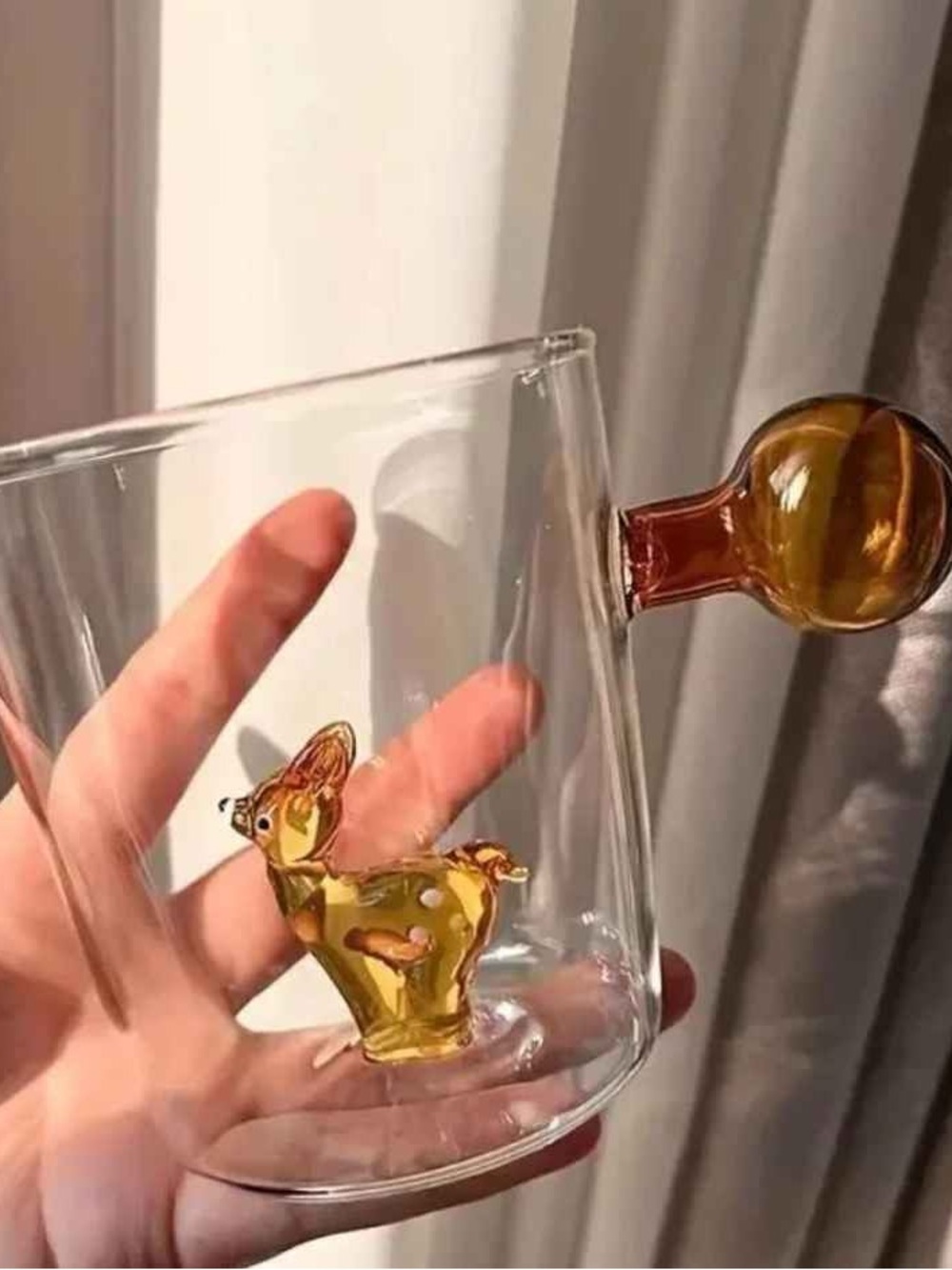Handblown Clear Glass Cup with Amber Deer Accent